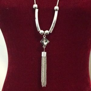 Silver tone necklace with tassel 30-33”
